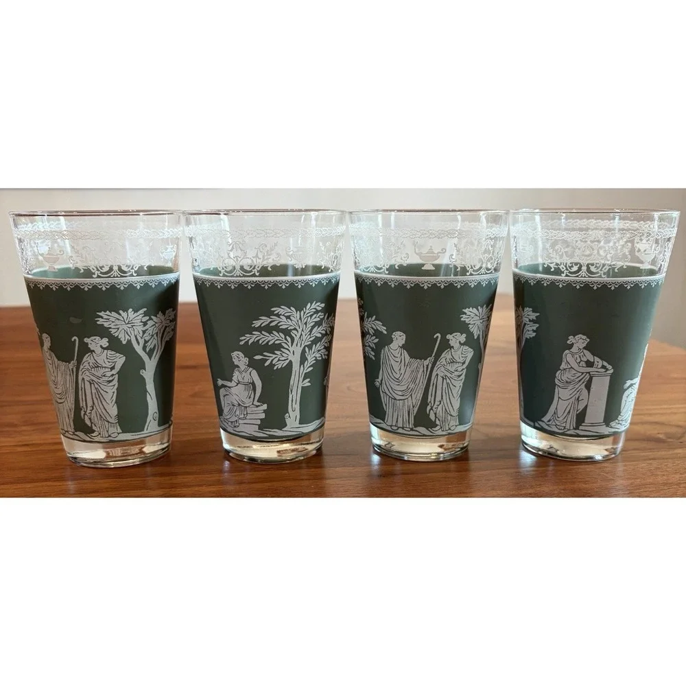 4 Jeanette Wedgwood Drinking Glasses Green Hellenic Greek Roman Vintage MCM